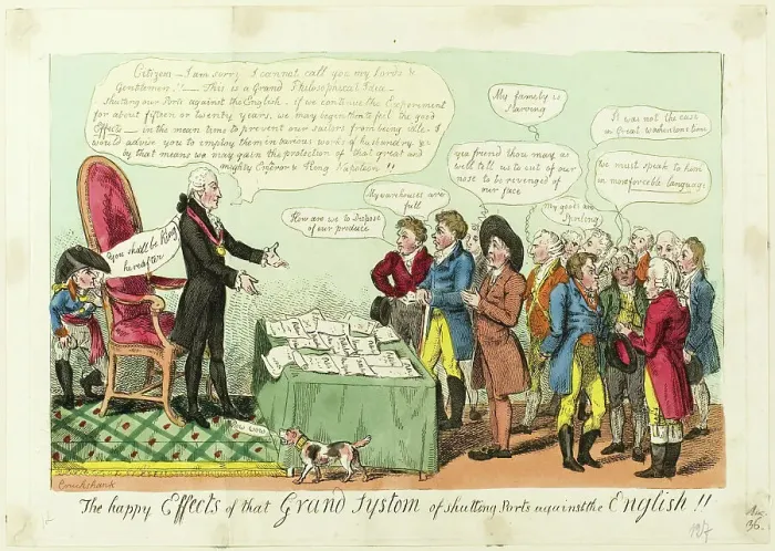 Framed Print : The Happy Effects of that Grand System of Shutting Ports Against the English!!, pub. Oct 1, 1808. Creator: Isaac Cruikshank Framed Print : The Happy Effects of that Grand System of Shutting Ports Against the English!!, pub. Oct 1, 1808. Creator: Isaac Cruikshank