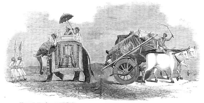 Framed Print : Harbee Nawab and Attendants - Elephant Prince; Bullock Cart for Removing Luggage, 1857. Creator: Unknown Framed Print : Harbee Nawab and Attendants - Elephant Prince; Bullock Cart for Removing Luggage, 1857. Creator: Unknown