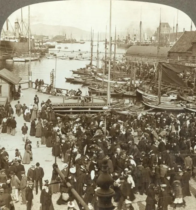 Framed Print : The harbor, N. W. from the market-place in Bergen, the greatest fish market of Norway, c1905 Framed Print : The harbor, N. W. from the market-place in Bergen, the greatest fish market of Norway, c1905