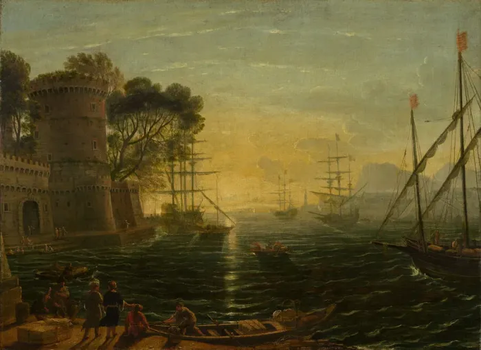 Framed Print : Harbor at Sunset, late 17th century. Creator: Claude Lorrain, Follower of Framed Print : Harbor at Sunset, late 17th century. Creator: Claude Lorrain, Follower of