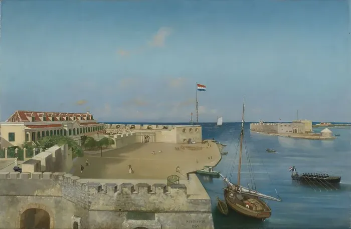 Framed Print : The harbour entrance with the Government Palace, Willemstad, 1858. Creator: Prosper Crébassol Framed Print : The harbour entrance with the Government Palace, Willemstad, 1858. Creator: Prosper Crébassol