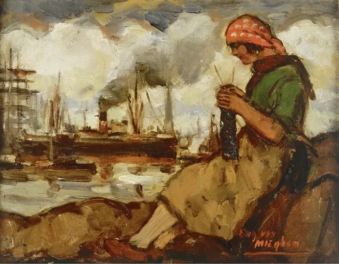 Framed Print : Harbour Girl Knitting, 1922. Creator: Eugeen Van Mieghem Framed Print : Harbour Girl Knitting, 1922. Creator: Eugeen Van Mieghem