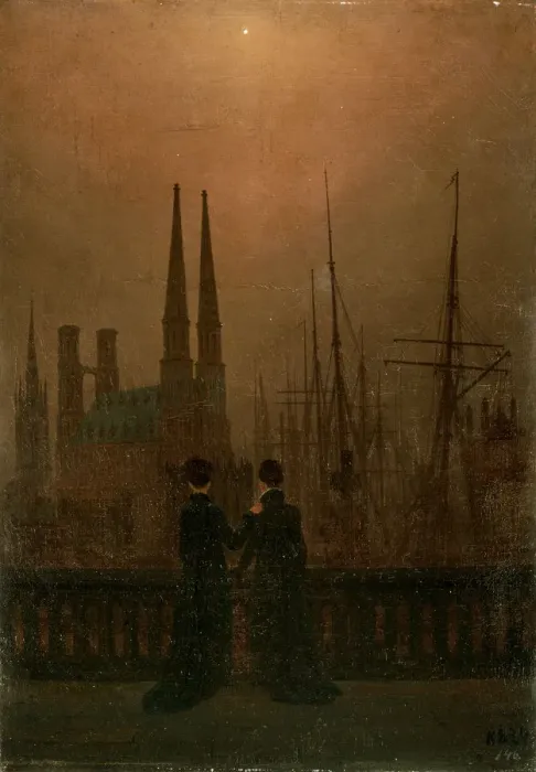 Framed Print : Harbour at Night (Sisters), 1818-1820. Artist: Caspar David Friedrich Framed Print : Harbour at Night (Sisters), 1818-1820. Artist: Caspar David Friedrich