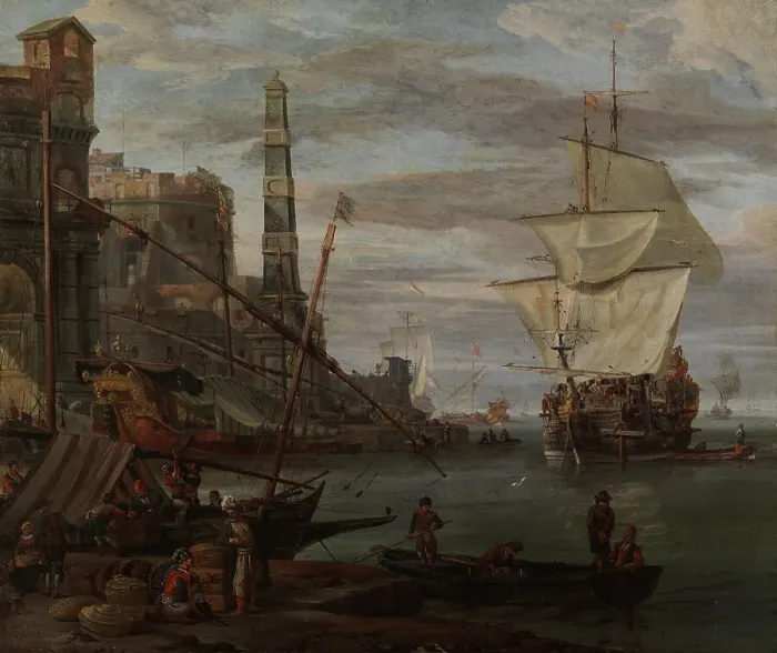 Framed Print : Harbour scene, 1670-1699. Creator: Abraham Storck Framed Print : Harbour scene, 1670-1699. Creator: Abraham Storck
