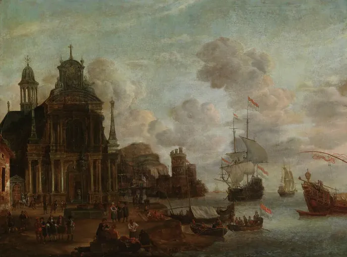 Framed Print : Harbour scene, 1673. Creator: Johannes Storck Framed Print : Harbour scene, 1673. Creator: Johannes Storck