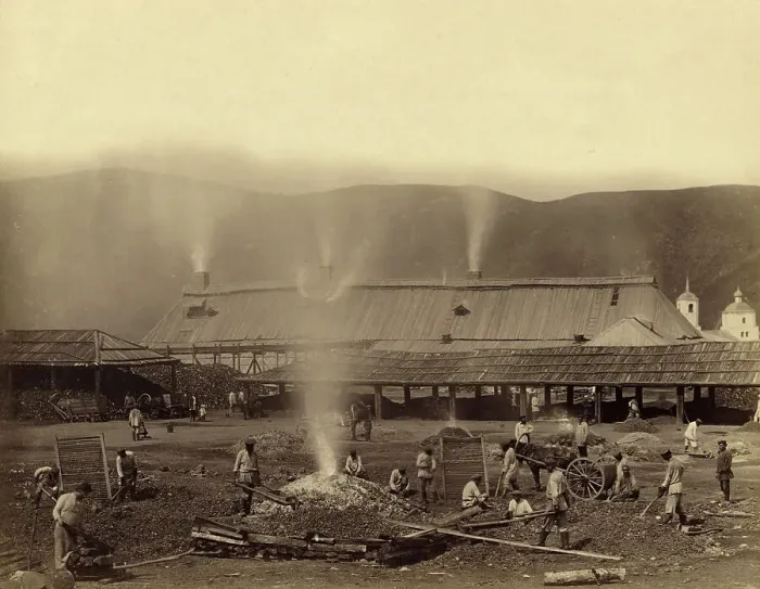 Framed Print : Hard Labor Convicts Roasting Ore in the Yard of the Kutomara Plant, 1891. Creator: Aleksei Kuznetsov Framed Print : Hard Labor Convicts Roasting Ore in the Yard of the Kutomara Plant, 1891. Creator: Aleksei Kuznetsov