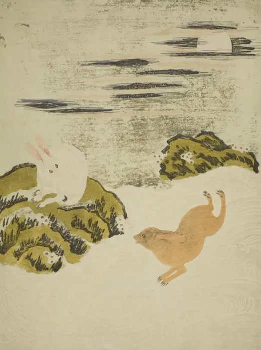 Framed Print : Hares Playing in Surf on a Moonlit Night, c. 1771. Creator: Isoda Koryusai Framed Print : Hares Playing in Surf on a Moonlit Night, c. 1771. Creator: Isoda Koryusai