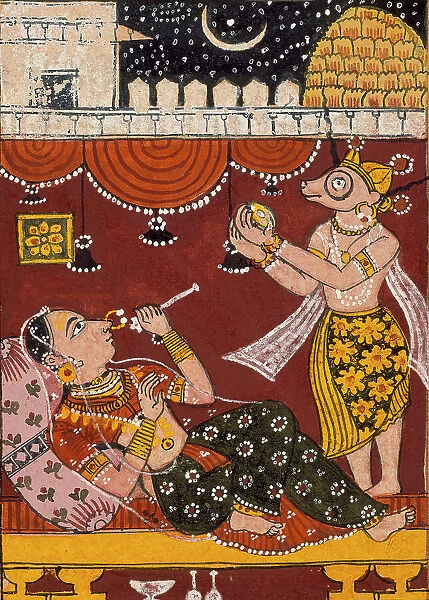 Harinaigameshin Brings the Embryo of Jina Mahavira to Queen Trishala... Mid-17th century. Creator: Unknown