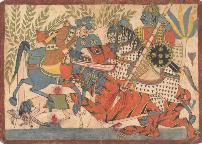 Framed Print : Harishchandra and his Minister Killing a Tiger folio from a Harishchandra Series Framed Print : Harishchandra and his Minister Killing a Tiger folio from a Harishchandra Series