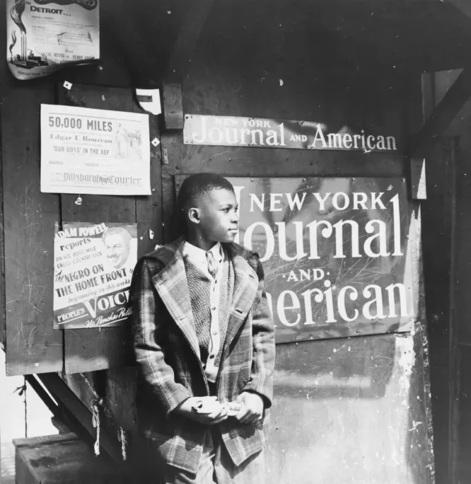 Framed Print : Harlem newsboy, New York, 1943. Creator: Gordon Parks Framed Print : Harlem newsboy, New York, 1943. Creator: Gordon Parks