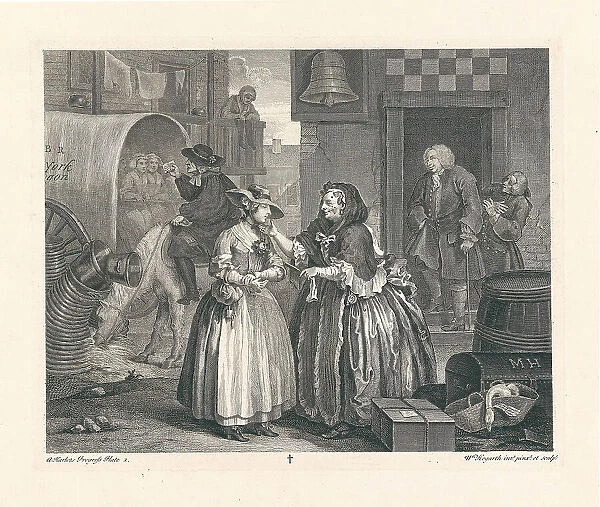 A Harlot's Progress. Plate 1: Moll Hackabout arrives in London at the Bell Inn, Cheapside, 1732. Creator: Hogarth, William (1697-1764)