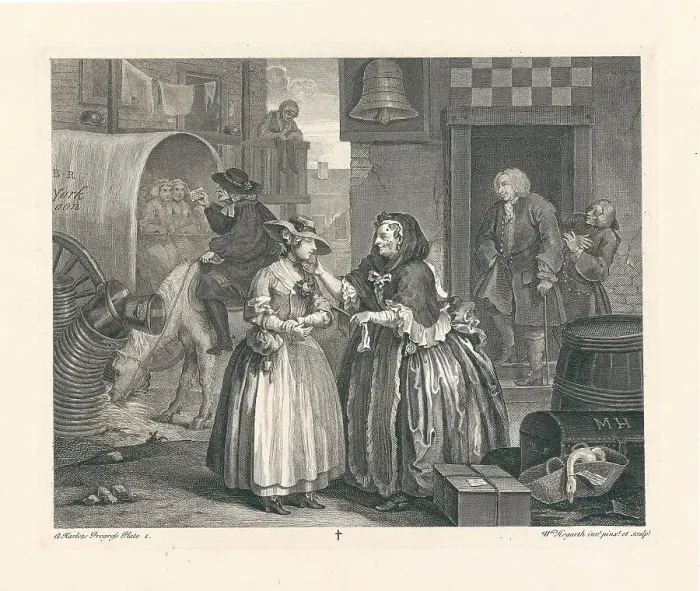 Framed Print : A Harlot's Progress. Plate 1: Moll Hackabout arrives in London at the Bell Inn, Cheapside, 1732. Creator: Hogarth, William (1697-1764) Framed Print : A Harlot's Progress. Plate 1: Moll Hackabout arrives in London at the Bell Inn, Cheapside, 1732. Creator: Hogarth, William (1697-1764)
