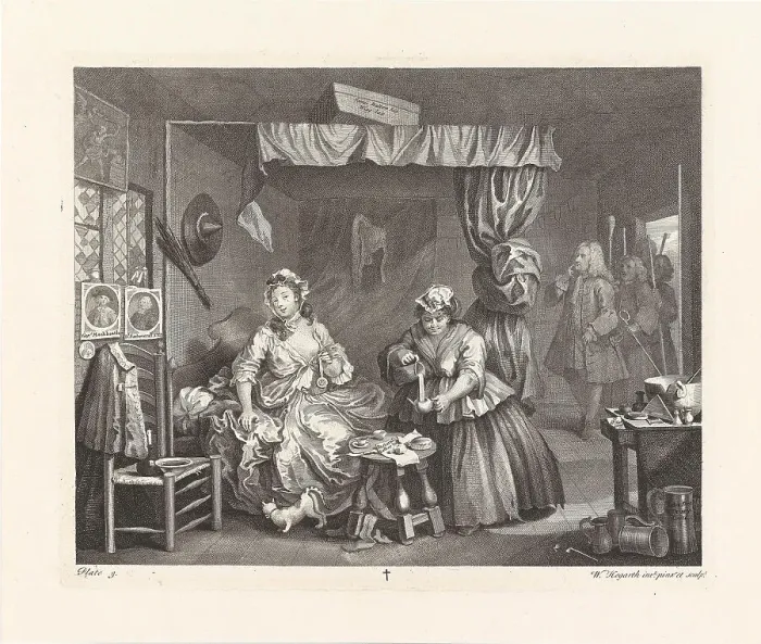 Framed Print : A Harlot's Progress. Plate 3: Moll has gone from kept woman to common prostitute, 1732. Creator: Hogarth, William (1697-1764) Framed Print : A Harlot's Progress. Plate 3: Moll has gone from kept woman to common prostitute, 1732. Creator: Hogarth, William (1697-1764)