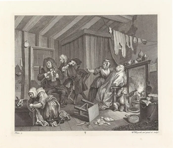 Framed Print : A Harlot's Progress. Plate 5: Moll dying of syphilis, 1732. Creator: Hogarth, William (1697-1764) Framed Print : A Harlot's Progress. Plate 5: Moll dying of syphilis, 1732. Creator: Hogarth, William (1697-1764)