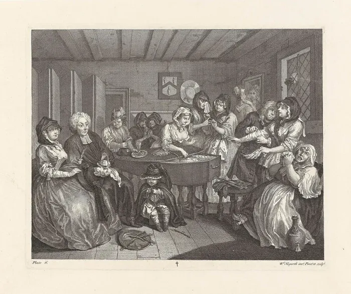 Framed Print : A Harlot's Progress. Plate 6: Moll's wake, 1732. Creator: Hogarth, William (1697-1764)