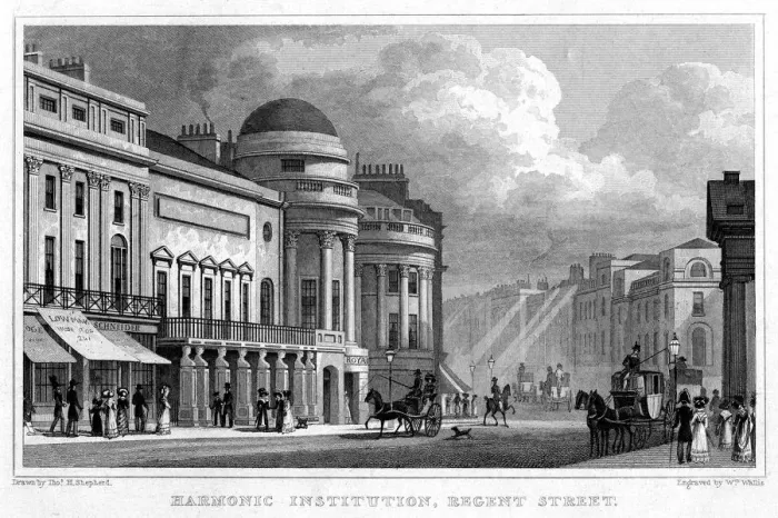 Framed Print : Harmonic Institution, Regent Street, 1828. Artist: W Wallis Framed Print : Harmonic Institution, Regent Street, 1828. Artist: W Wallis