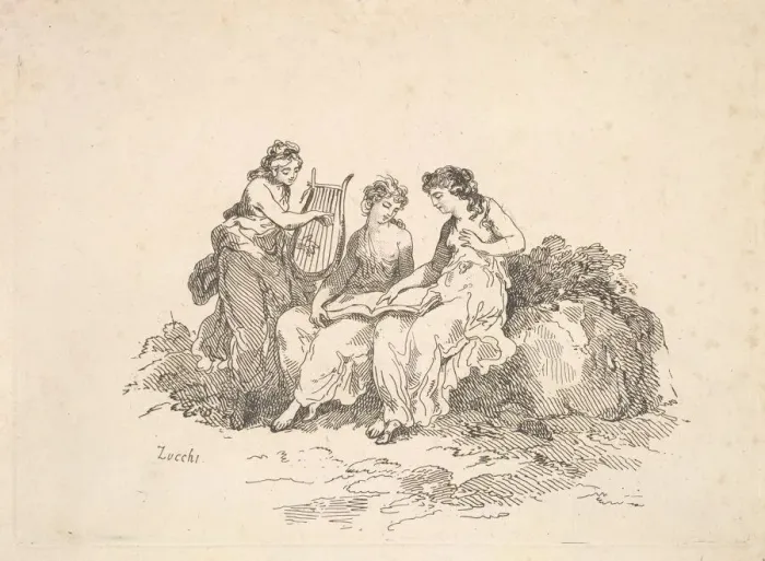 Framed Print : Harmony - Two Nymphs Singing, Another Playing a Lyre, 1784-88. Creator: Thomas Rowlandson Framed Print : Harmony - Two Nymphs Singing, Another Playing a Lyre, 1784-88. Creator: Thomas Rowlandson