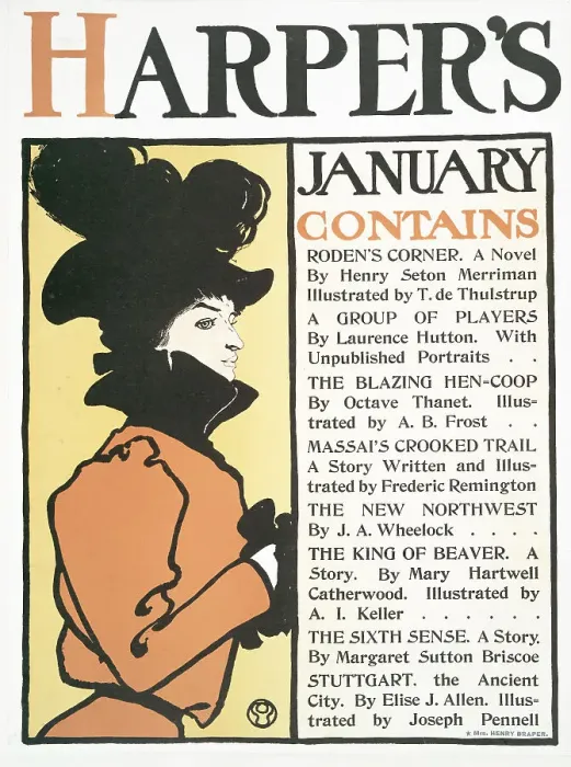 Framed Print : Harper's January. Contains Rodens Corner A Novel By Henry Seton Merriman... c1898. Creator: Edward Penfield Framed Print : Harper's January. Contains Rodens Corner A Novel By Henry Seton Merriman... c1898. Creator: Edward Penfield