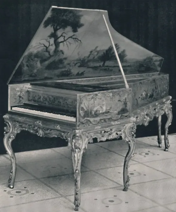 Framed Print : Harpsichord, by Andries Ruckers. Decorated with Vernis Martin in the 18th Century, (1927) Framed Print : Harpsichord, by Andries Ruckers. Decorated with Vernis Martin in the 18th Century, (1927)