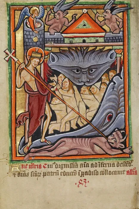 Framed Print : The Harrowing of Hell, about 1190-1200; text added about 1480-1490. Creator: Unknown Framed Print : The Harrowing of Hell, about 1190-1200; text added about 1480-1490. Creator: Unknown