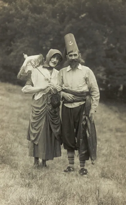 Framed Print : Harry Smallwood and another man stand in a field, one in drag and the other... 1925. Creator: Unknown Framed Print : Harry Smallwood and another man stand in a field, one in drag and the other... 1925. Creator: Unknown