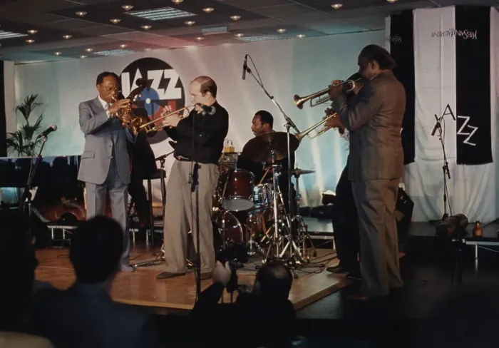 Framed Print : Harry Sweets Edison, Clark Terry, Lew Soloff and Alvin Queen, Jazz Inn Party, Nordwijk, 1989. Creator: Brian Foskett Framed Print : Harry Sweets Edison, Clark Terry, Lew Soloff and Alvin Queen, Jazz Inn Party, Nordwijk, 1989. Creator: Brian Foskett