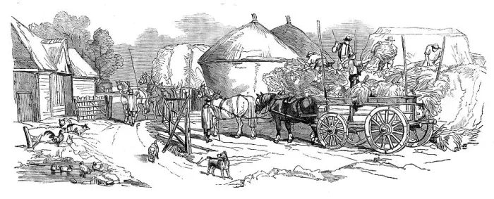 Framed Print : Harvest Operations - Stacking, 1858. Creator: Unknown Framed Print : Harvest Operations - Stacking, 1858. Creator: Unknown