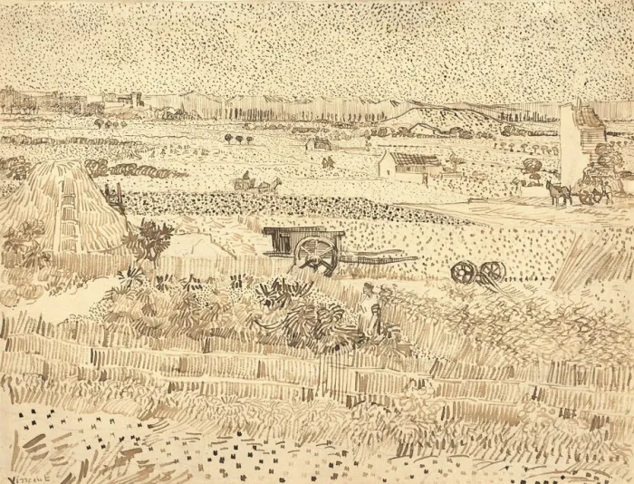 Framed Print : Harvest--The Plain of La Crau, 1888. Creator: Vincent van Gogh Framed Print : Harvest--The Plain of La Crau, 1888. Creator: Vincent van Gogh