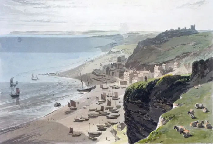 Framed Print : Hastings, from the East Cliff, 1823. Artist: William Daniell Framed Print : Hastings, from the East Cliff, 1823. Artist: William Daniell