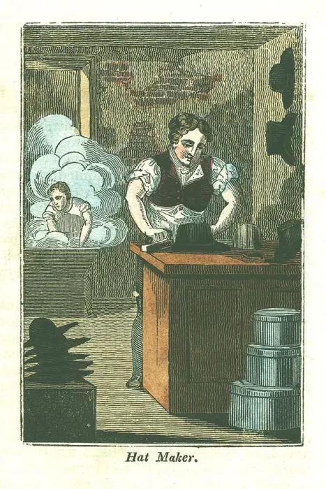 Framed Print : Hat Maker. Manufacture of beaver hats by felting material in a kettle 