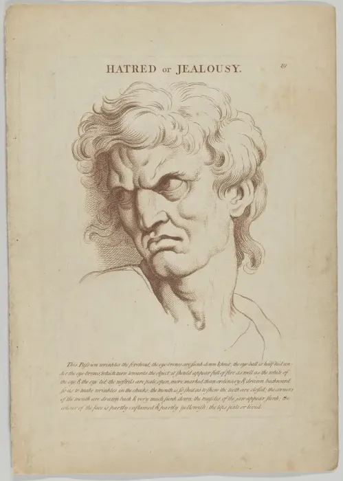Framed Print : Hatred or Jealousy (from Heads Representing the Various Passions of the Soul; as they are... 1765. Creator: Anon)