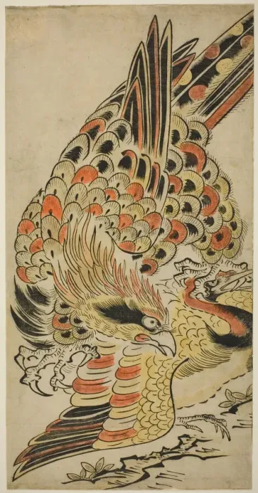 Framed Print : A Hawk Capturing a Crane in Flight, c. 1715. Creator: Torii Kiyomasu I Framed Print : A Hawk Capturing a Crane in Flight, c. 1715. Creator: Torii Kiyomasu I