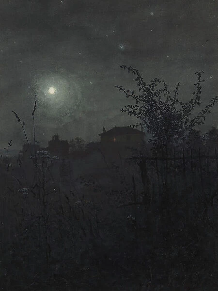 Hawthorn Trees in front of a Nocturnal Landscape with Houses in the Background, 1864. Creator: Leon Bonvin