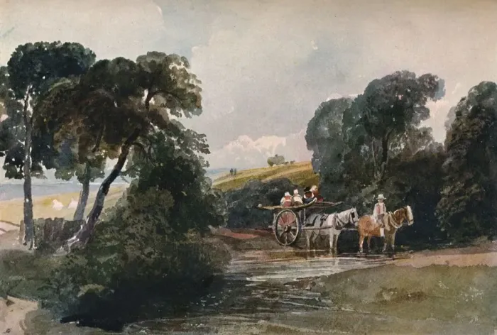 Framed Print : Hay Cart Crossing a Stream, c1824. Artist: Peter de Wint Framed Print : Hay Cart Crossing a Stream, c1824. Artist: Peter de Wint