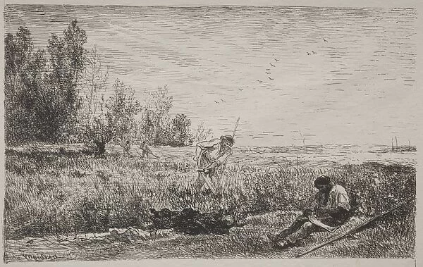 Hay-making, original impression 1862, printed in 1921. Creator: Charles Francois Daubigny