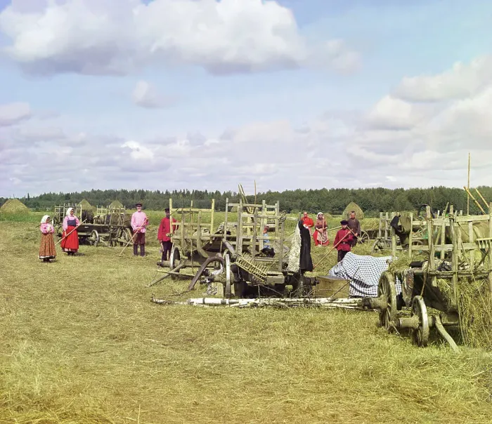 Framed Print : Haying, near rest time [Russian Empire], 1909. Creator: Sergey Mikhaylovich Prokudin-Gorsky