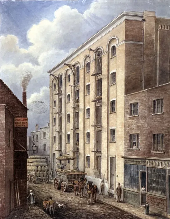 Framed Print : Hays Wharf with carts being loaded up outside, Bermondsey, London, 1834. Artist Framed Print : Hays Wharf with carts being loaded up outside, Bermondsey, London, 1834. Artist