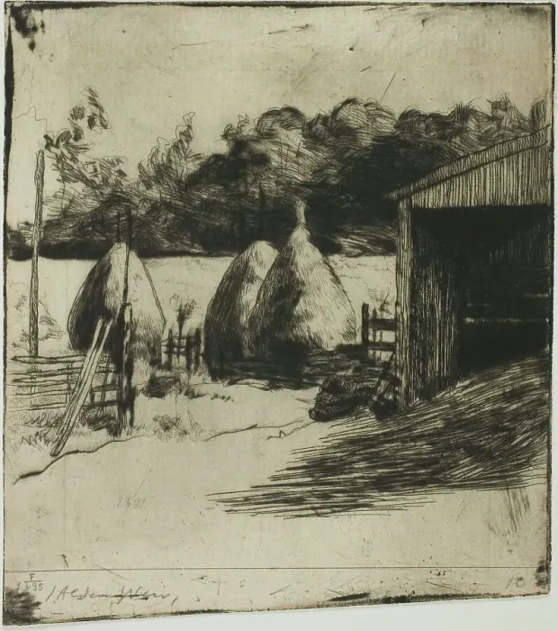 Framed Print : The Haystacks, 1887 / 89. Creator: Julian Alden Weir Framed Print : The Haystacks, 1887 / 89. Creator: Julian Alden Weir