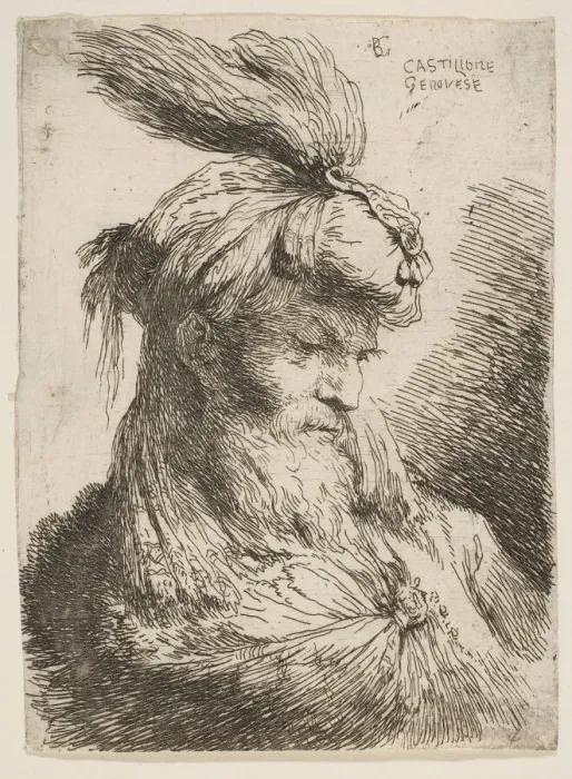 Framed Print : Head of a bearded man with a turban facing right, from the series of Small Heads... ca