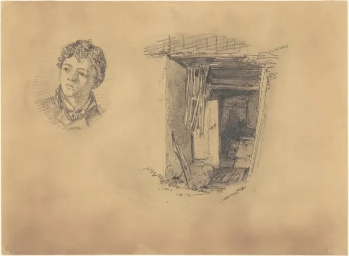 Framed Print : Head of a Boy; and the Entrance to a Shack, 1871. Creator: John Singer Sargent Framed Print : Head of a Boy; and the Entrance to a Shack, 1871. Creator: John Singer Sargent