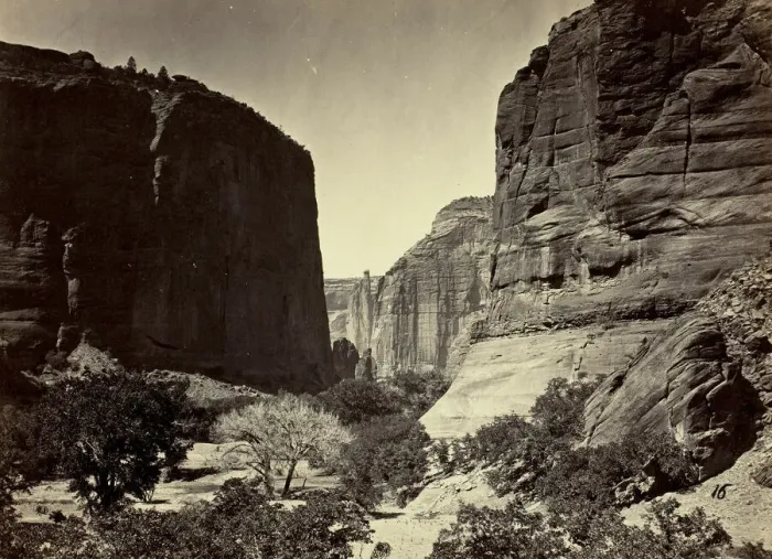 Framed Print : Head of Canon de Chelle, Looking Down. Walls about 1200 feet in height, 1873. Creator: Tim O'Sullivan Framed Print : Head of Canon de Chelle, Looking Down. Walls about 1200 feet in height, 1873. Creator: Tim O'Sullivan