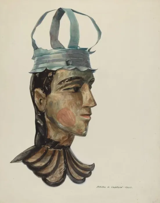 Framed Print : Head of Carved Figure with Tin Crown, 1935 / 1942. Creator: Majel G. Claflin Framed Print : Head of Carved Figure with Tin Crown, 1935 / 1942. Creator: Majel G. Claflin