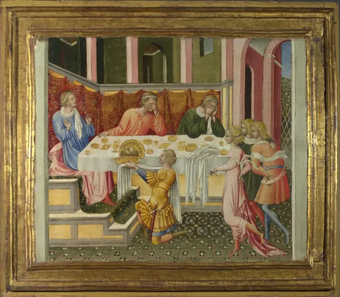 Framed Print : The Head of John the Baptist brought to Herod (Predella Panel), 1454. Artist: Giovanni di Paolo (ca 1403-1482) Framed Print : The Head of John the Baptist brought to Herod (Predella Panel), 1454. Artist: Giovanni di Paolo (ca 1403-1482)