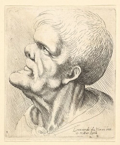 Head of a man with protruding chin and snub nose looking upwards in profile to left