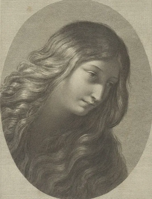 Framed Print : The head of Mary Magdalene looking down to the right, in an oval frame, after Ren... ca Framed Print : The head of Mary Magdalene looking down to the right, in an oval frame, after Ren... ca