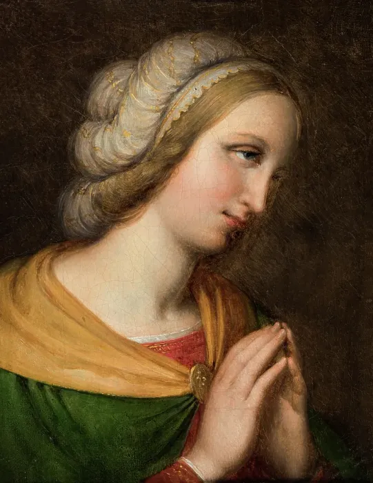 Framed Print : Head and shoulders portrait of a praying woman. Copy of a painting by Perugino, n.d. c1800-1860. Creator: Johan Ludvig Gebhard Lund Framed Print : Head and shoulders portrait of a praying woman. Copy of a painting by Perugino, n.d. c1800-1860. Creator: Johan Ludvig Gebhard Lund