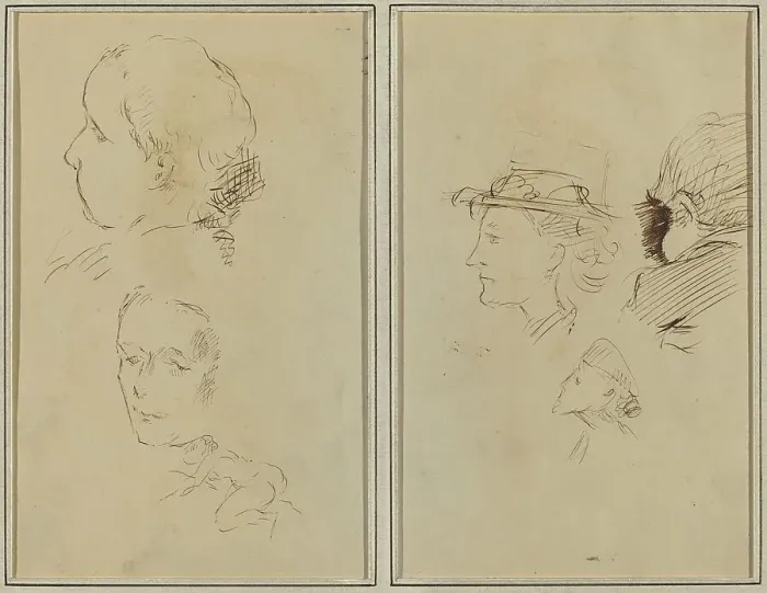 Framed Print : Two Head Studies and a Crouching Nude Woman; Two Women's Heads and a...[recto], 1884-1888. Creator: Paul Gauguin