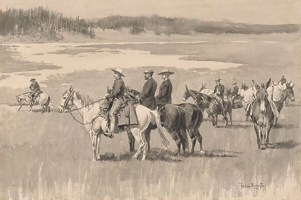 On the Head-Waters--Burgess Finding a Ford, ca. 1893. Creator: Frederic Remington