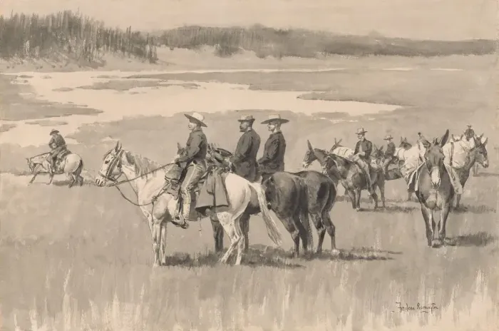 Framed Print : On the Head-Waters--Burgess Finding a Ford, ca. 1893. Creator: Frederic Remington