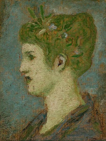 Head of a woman crowned with foliage, left profile, c1880. Creator: Henry Cros